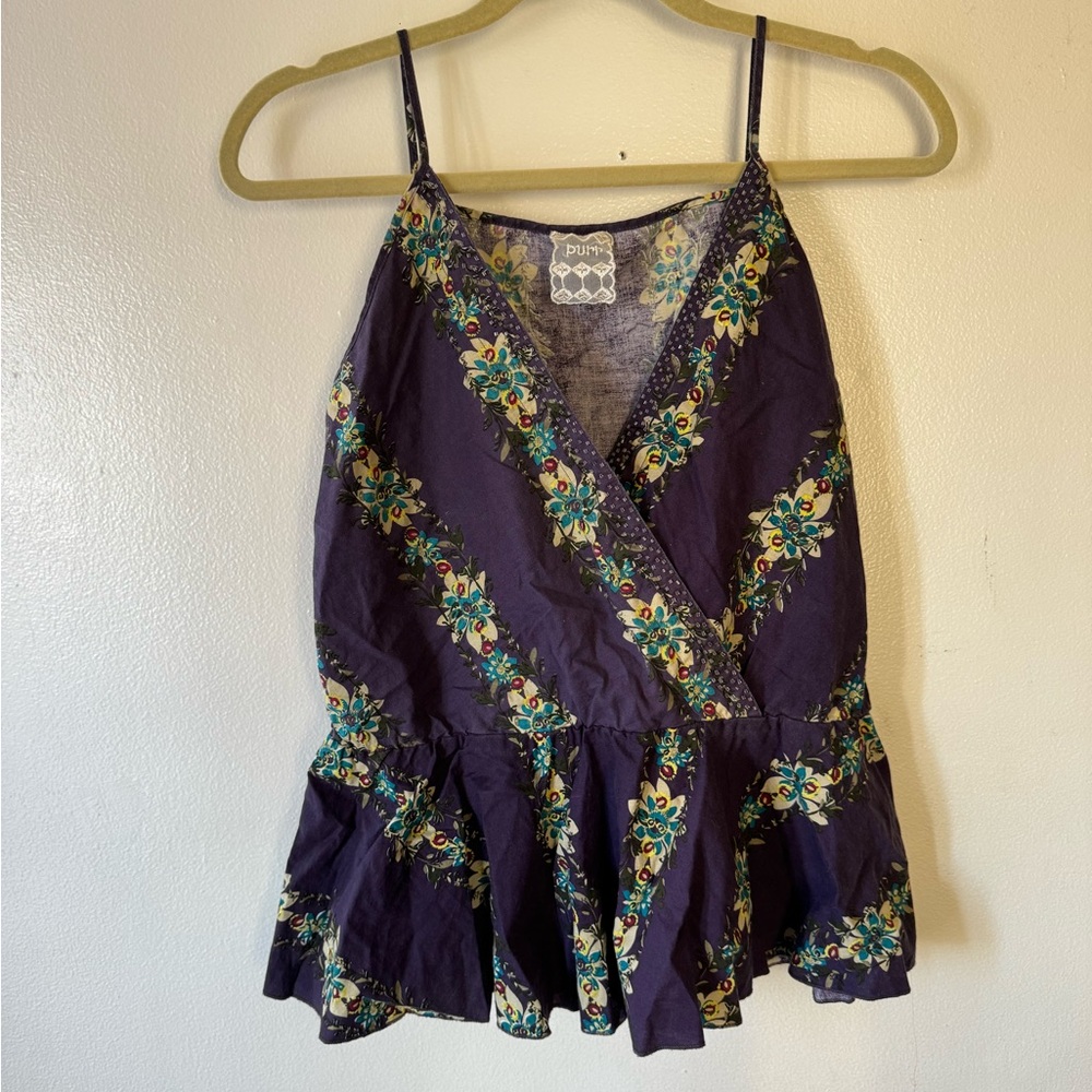 Purple flowy wrap tank top with floral pattern